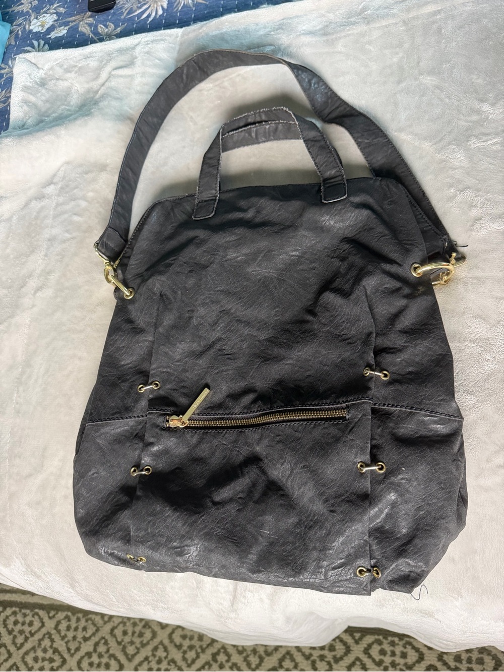 BCBG Black Leather Shoulder Tote with Gold Hardware